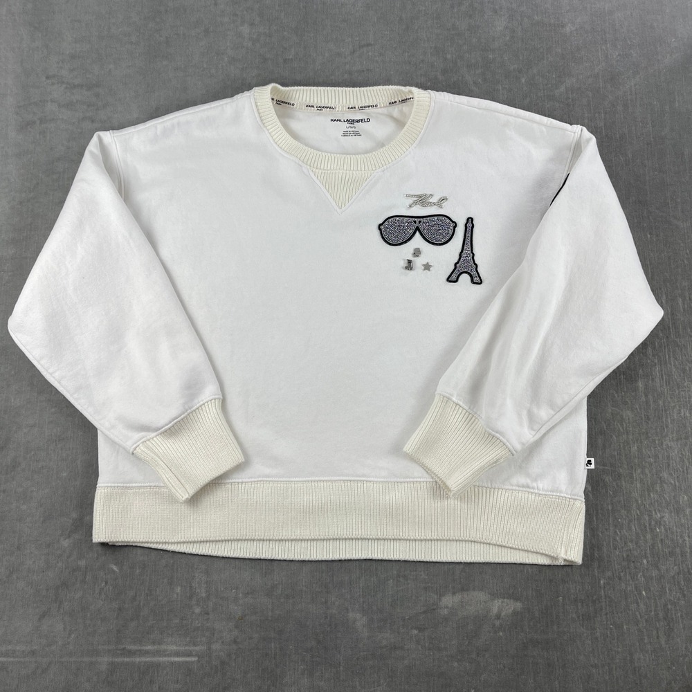 Karl Lagerfeld Mens L White Sweatshirt Rhinestone Eiffel‎ Tower Embellished